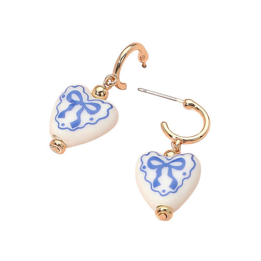 Bow Printed Heart Ceramic Charm Dangle Earrings: Blue,Goldo
