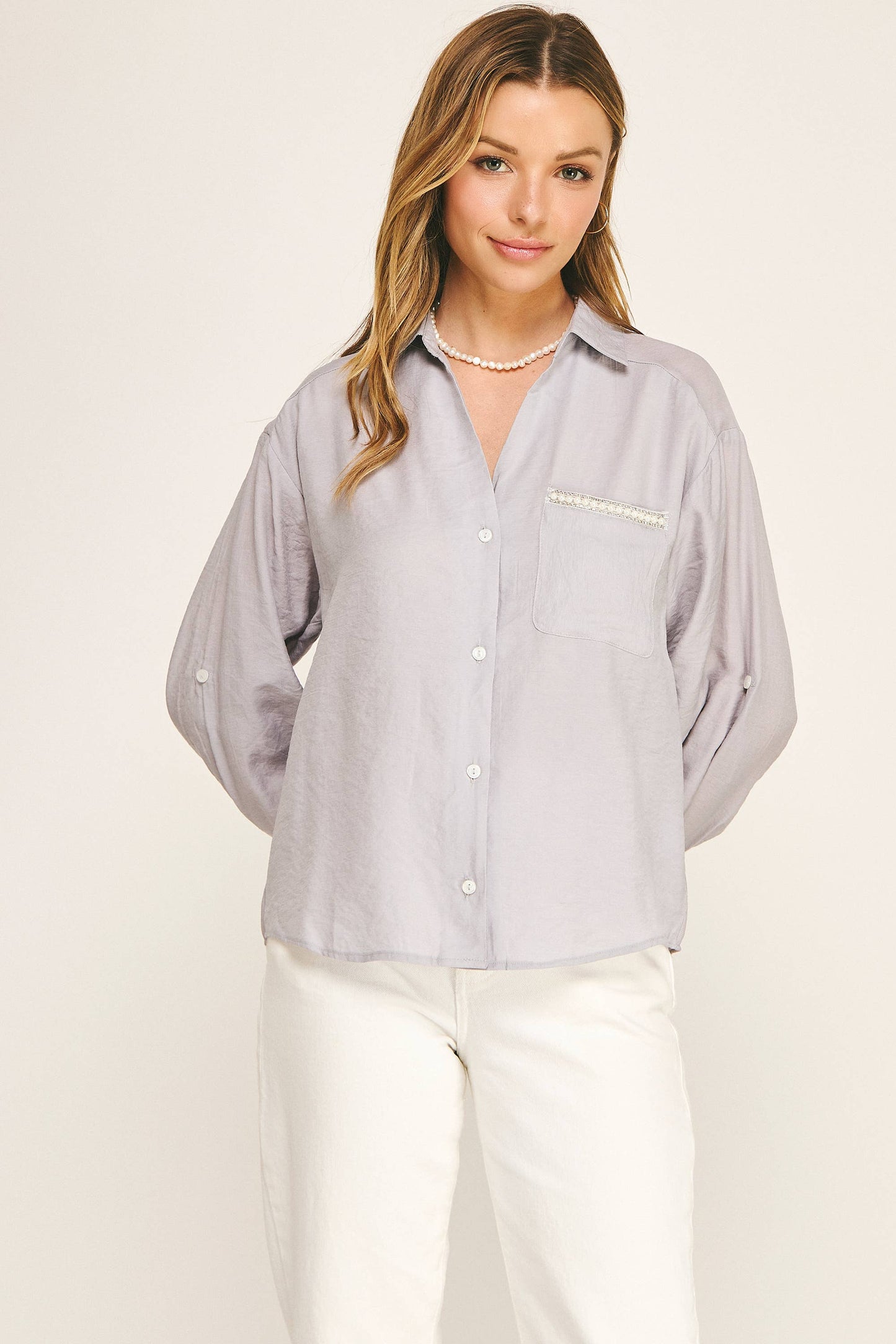 PEARL POCKET RELAXED BUTTON DOWN BLOUSE