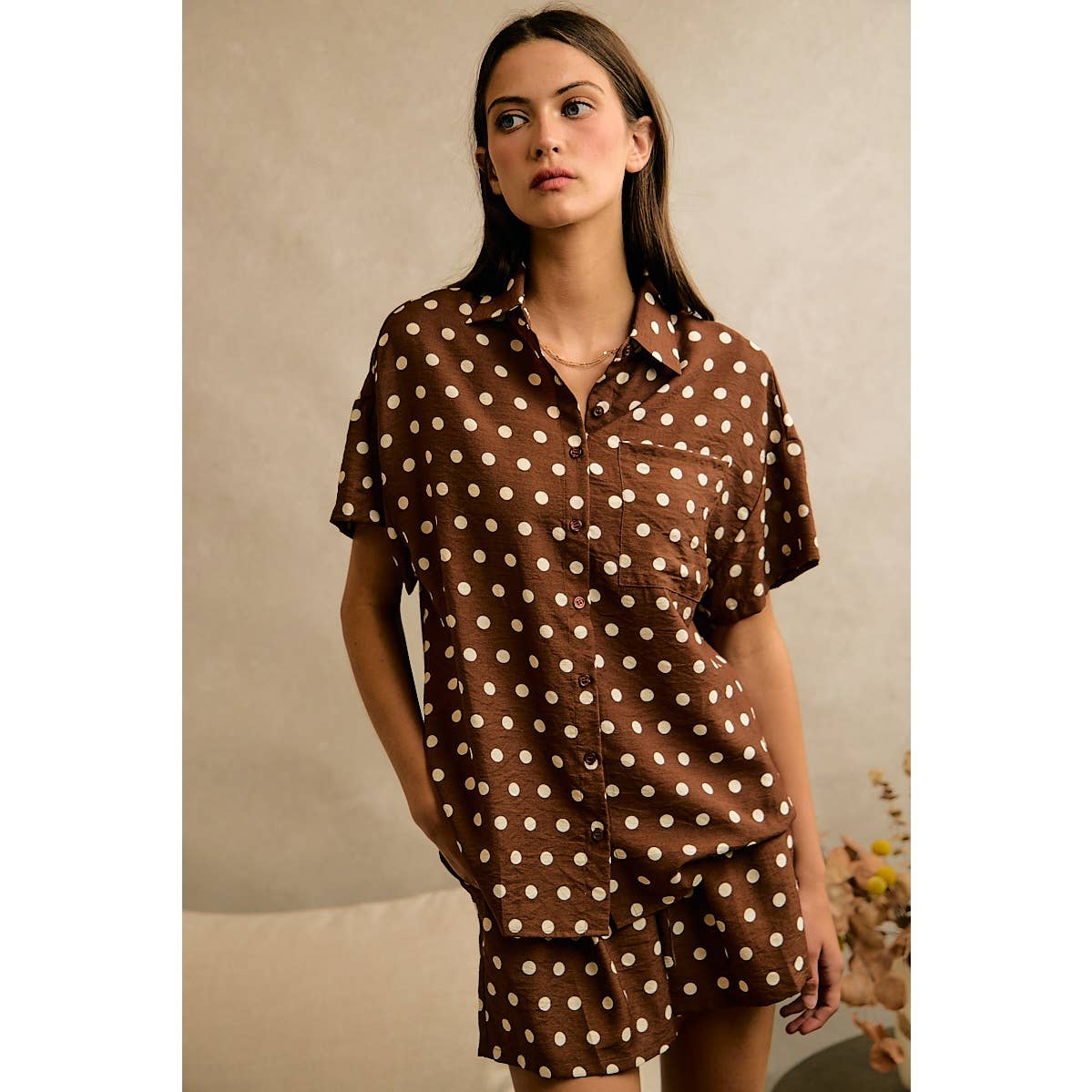 POLKA DOT LINEN SHORT SLEEVE SHIRT