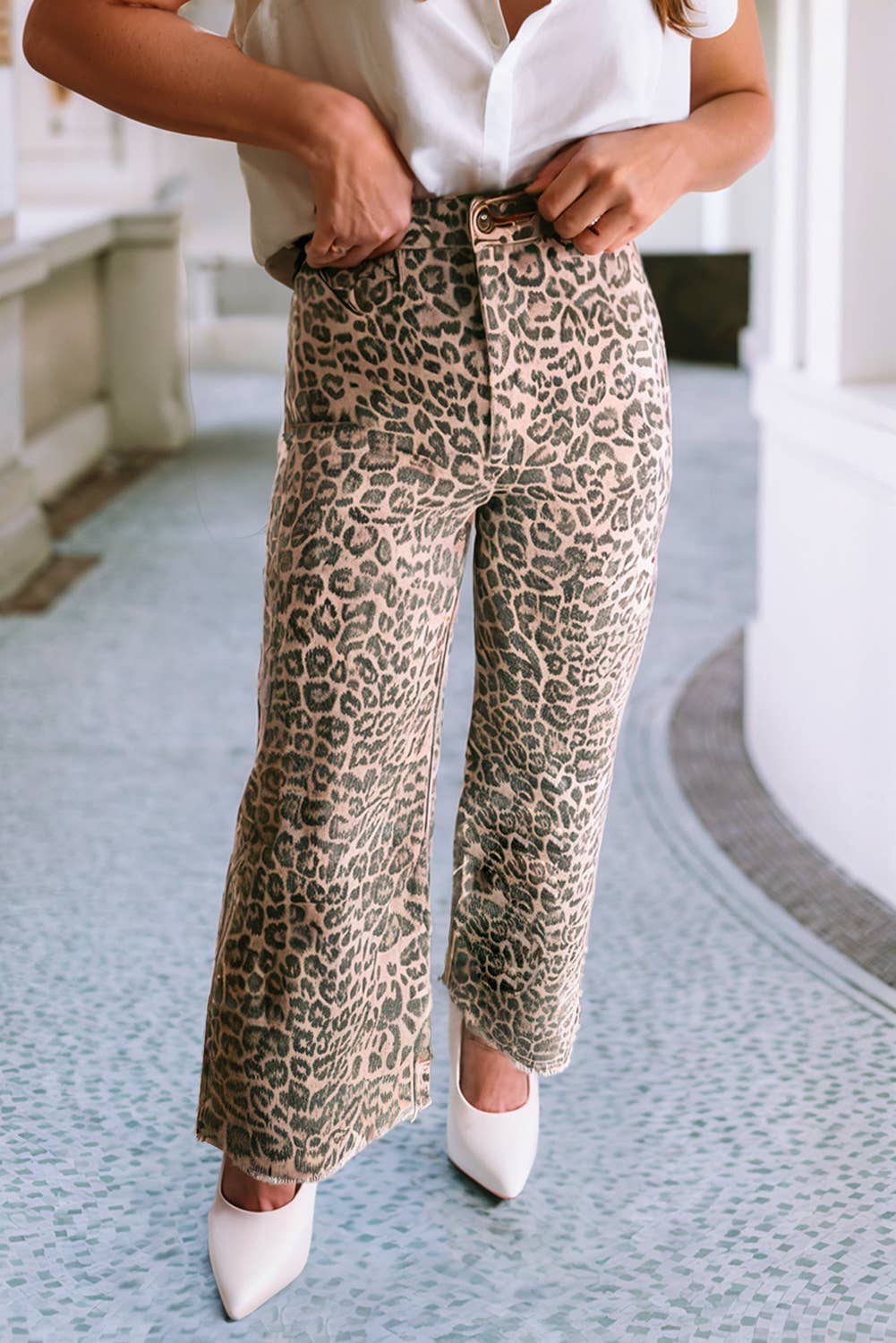 Denim Leopard Frayed Edge Wide Leg High Waist Jeansu