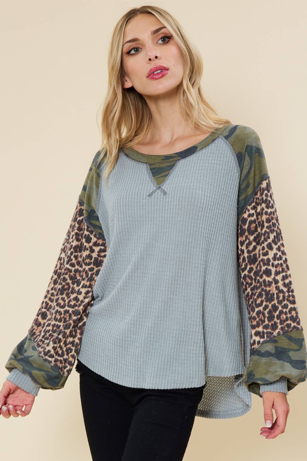 SOLID WAFFLE TOP FEATURING CAMO AND ANIMAL PRINT