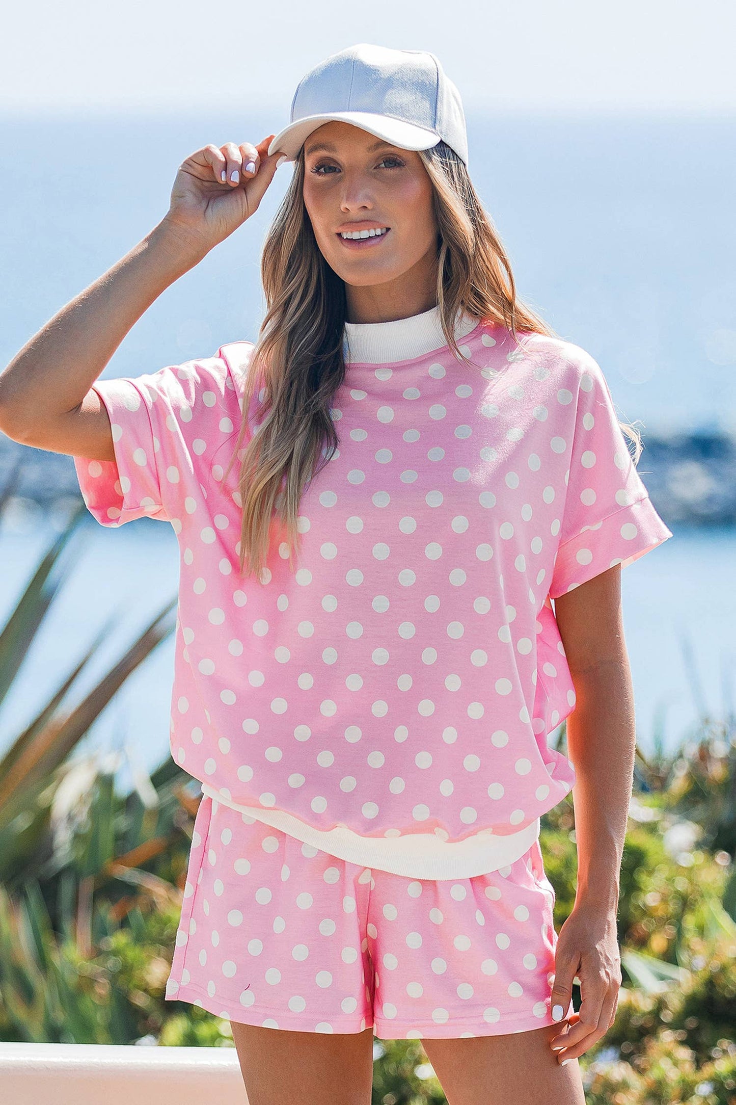 Polka Dot Print Color Block Trim Mock Neck Short Set