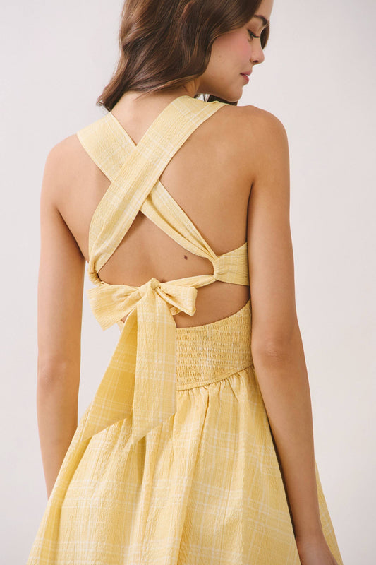 Yellow Plaid Smocked Back Fit and Flare Mini Dress