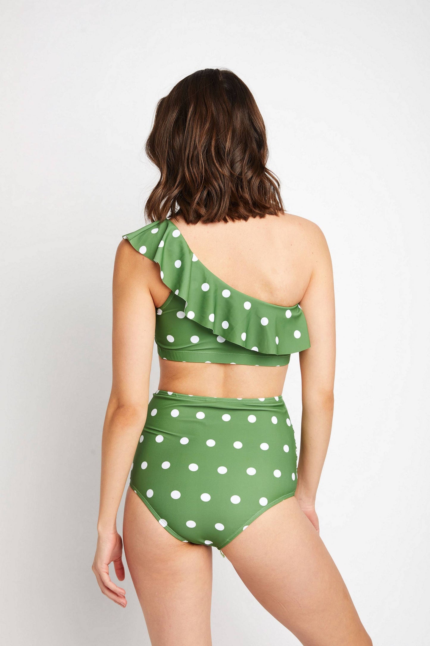 One-Shoulder High Waisted Bikini 2pcs-Olive Wht Dot