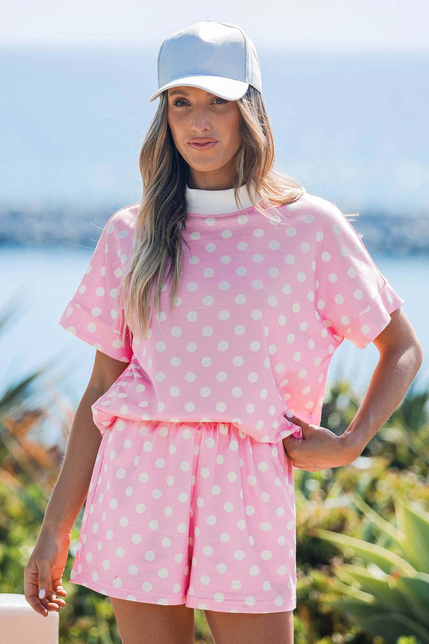 Polka Dot Print Color Block Trim Mock Neck Short Set