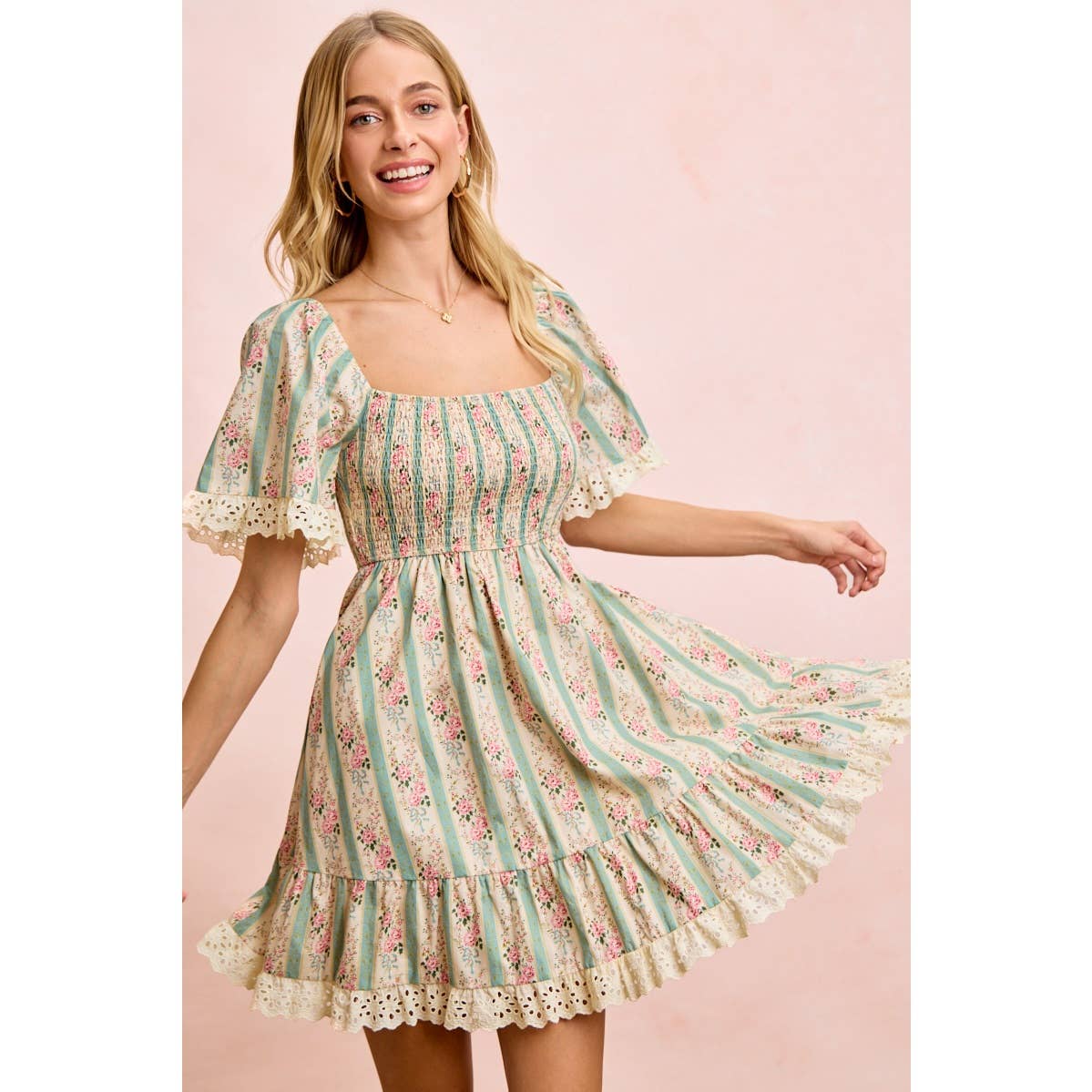 STRIPED FLORAL PRINT SMOCKED DRESS WITH TRIM