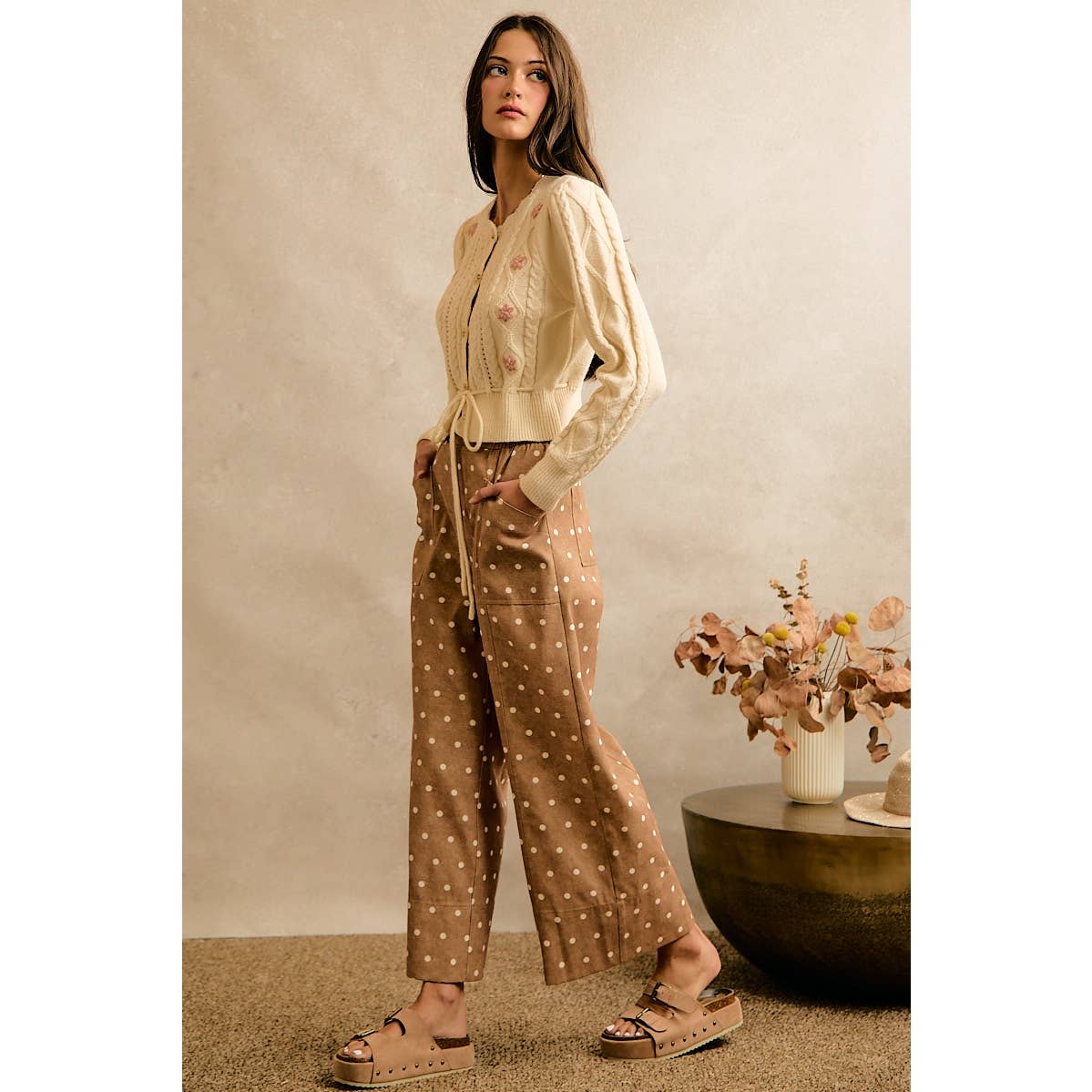POLKA DOT ELASTICIZED WAIST WIDE PANTS