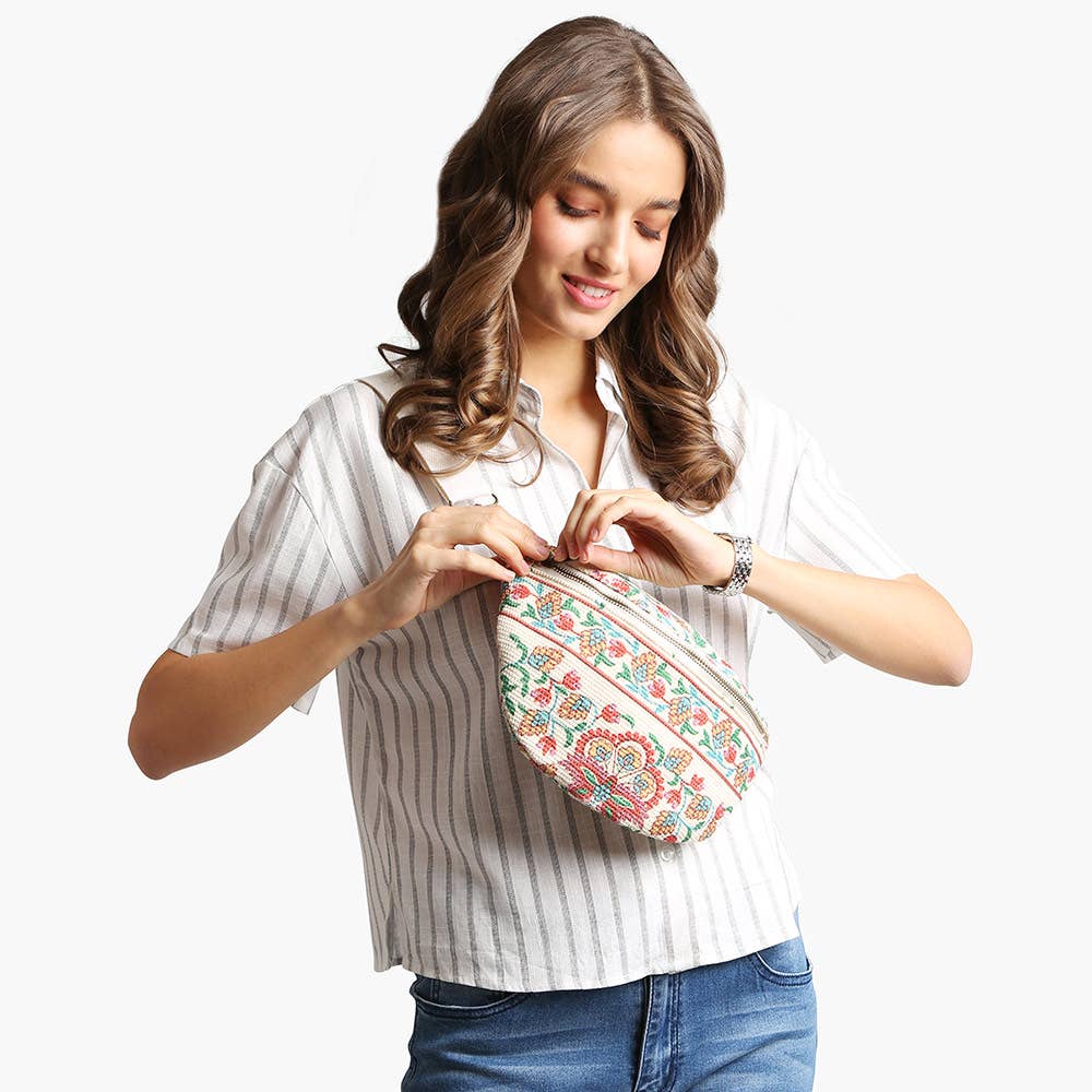 Boho Abstract Embroidered Crossbody Belt Bag / Fanny Pack: PINK GREEN