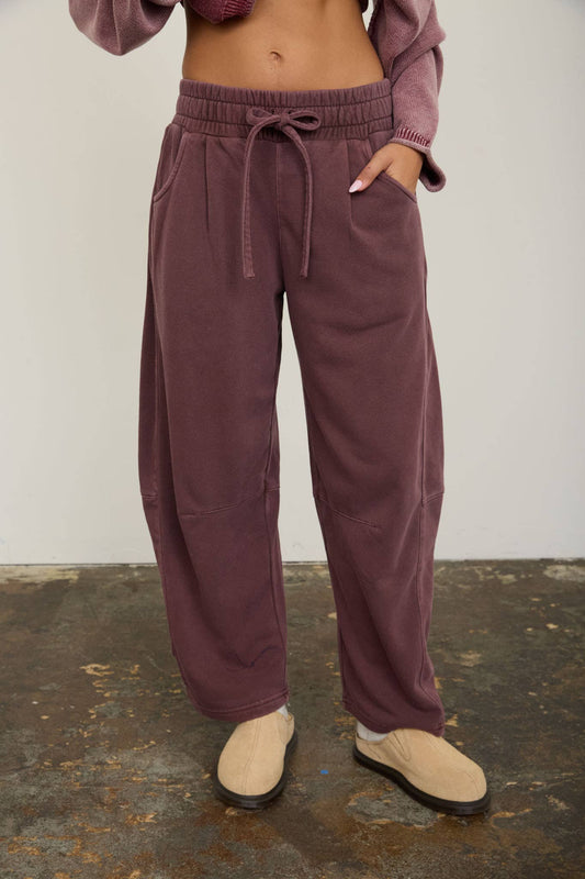 SMOCKED WAIST DRAWSTRING BARREL LEG SWEATPANTS