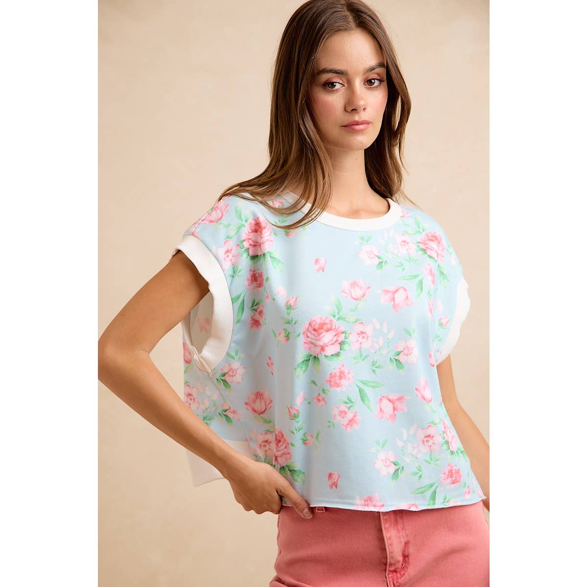 Floral PRINTED TERRY OPEN BACK SLEEVELESS TOP