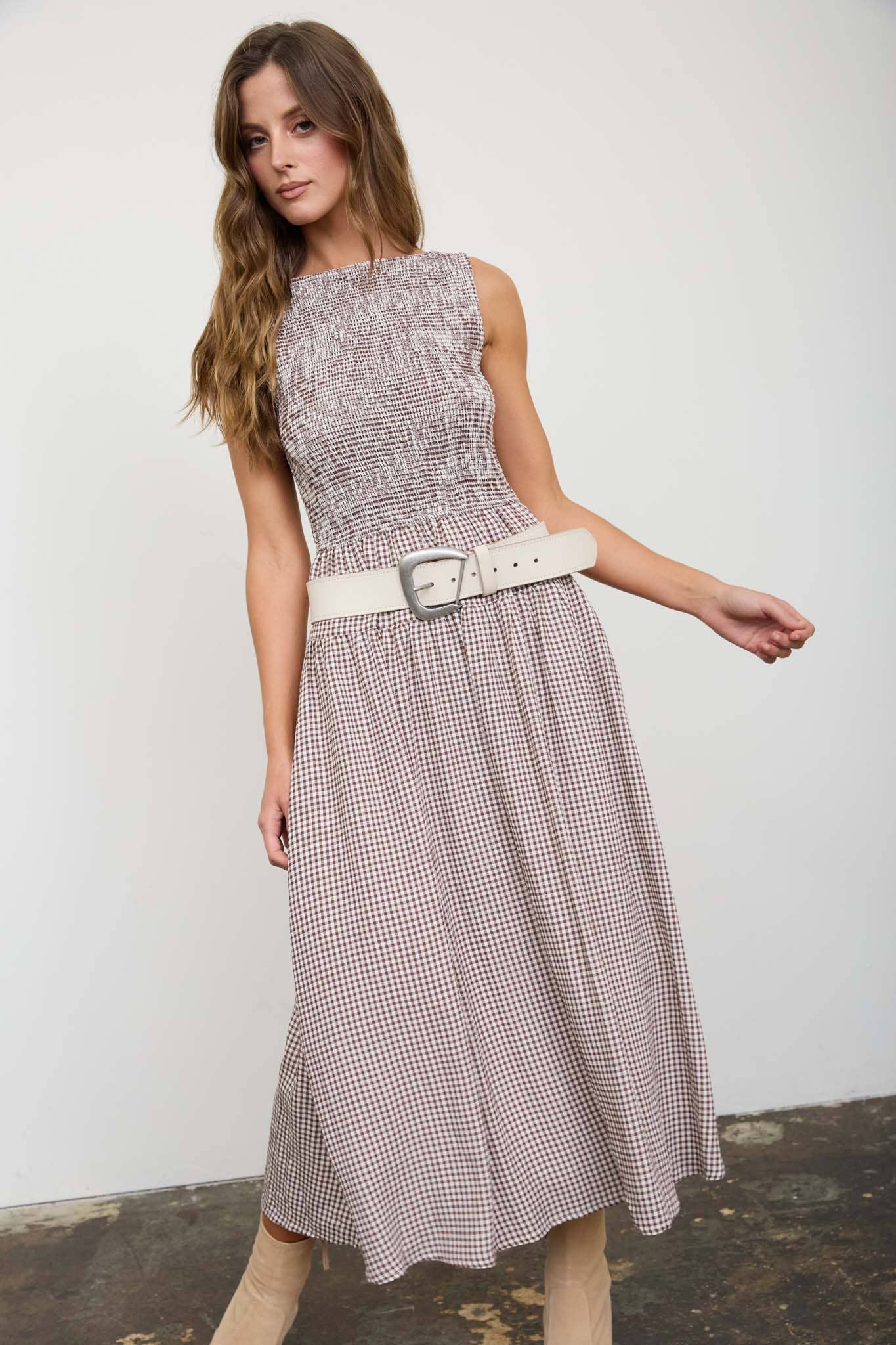 SMOCKED GINGHAM TIERED SLEEVELESS MIDI DRESS