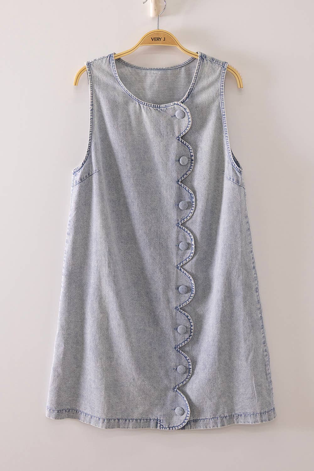 -Scallop Button Washed Denim Mini Dress