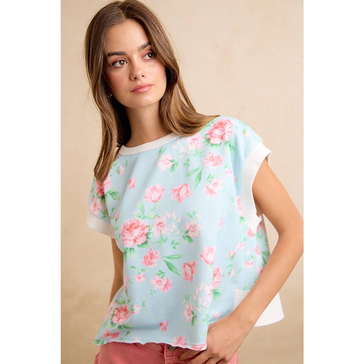 Floral PRINTED TERRY OPEN BACK SLEEVELESS TOP
