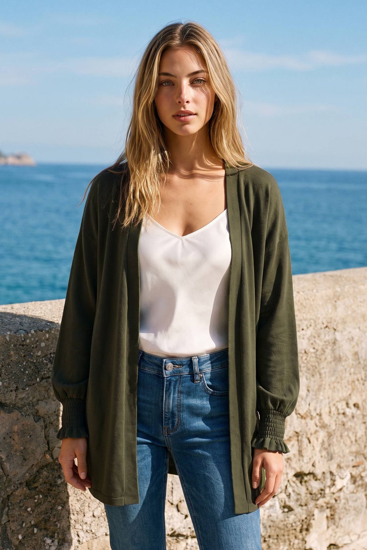 Open Front Smocked Sleeve Cardigan