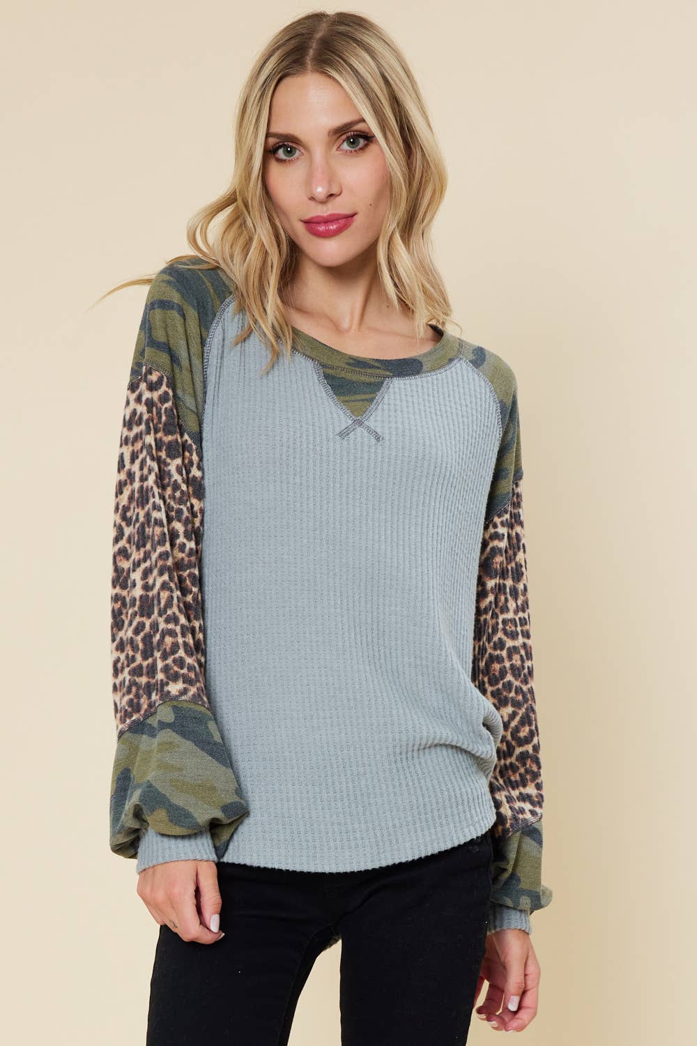 SOLID WAFFLE TOP FEATURING CAMO AND ANIMAL PRINT
