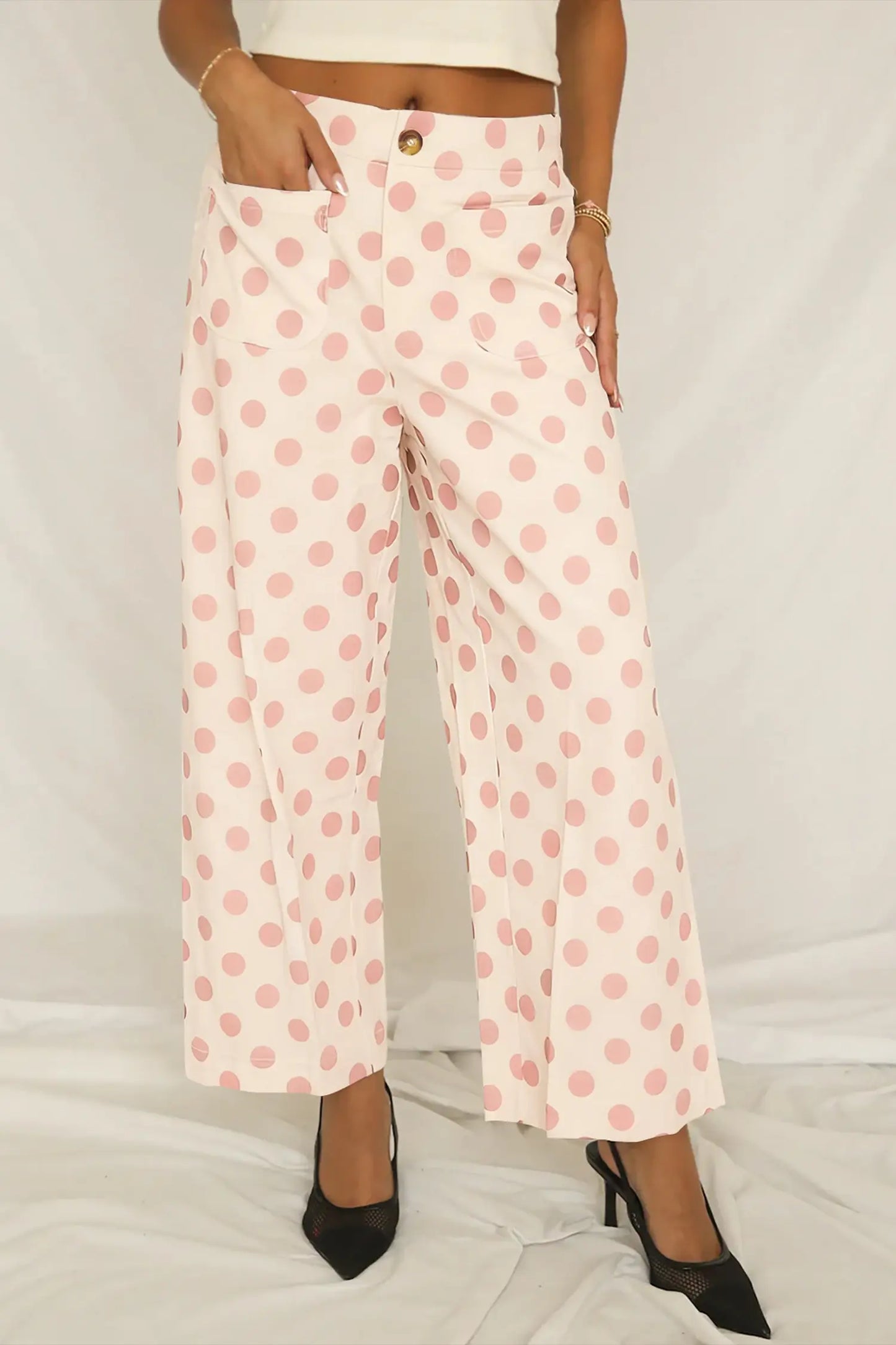Polka Dot Print Patched Pocket Mid-rise Straight Leg Pants