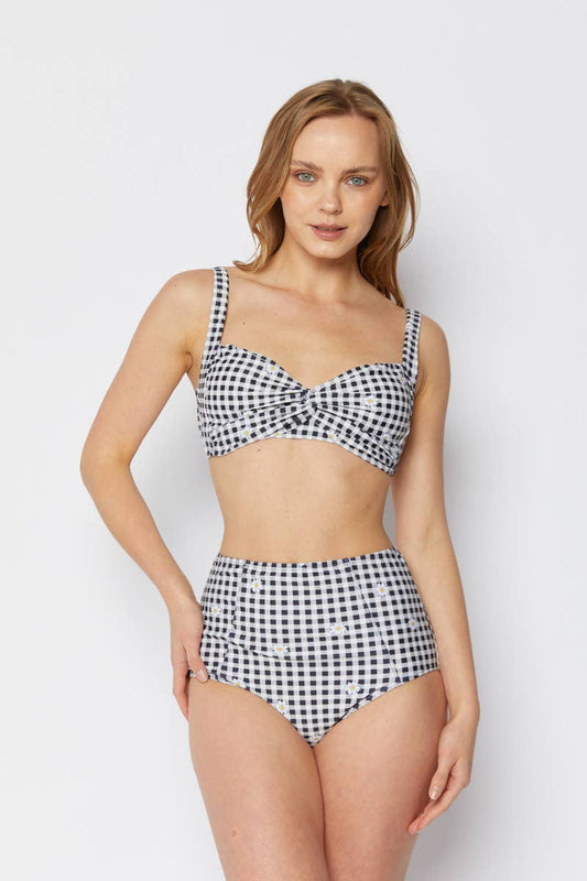 Vintage style high waisted 2 piece swim -GinghamDaisy Blk