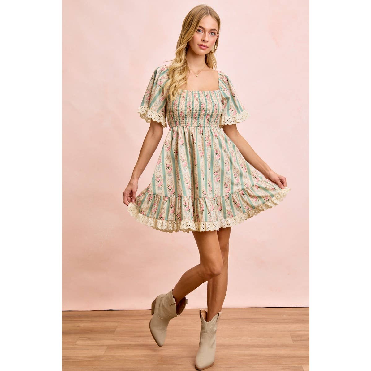 STRIPED FLORAL PRINT SMOCKED DRESS WITH TRIM