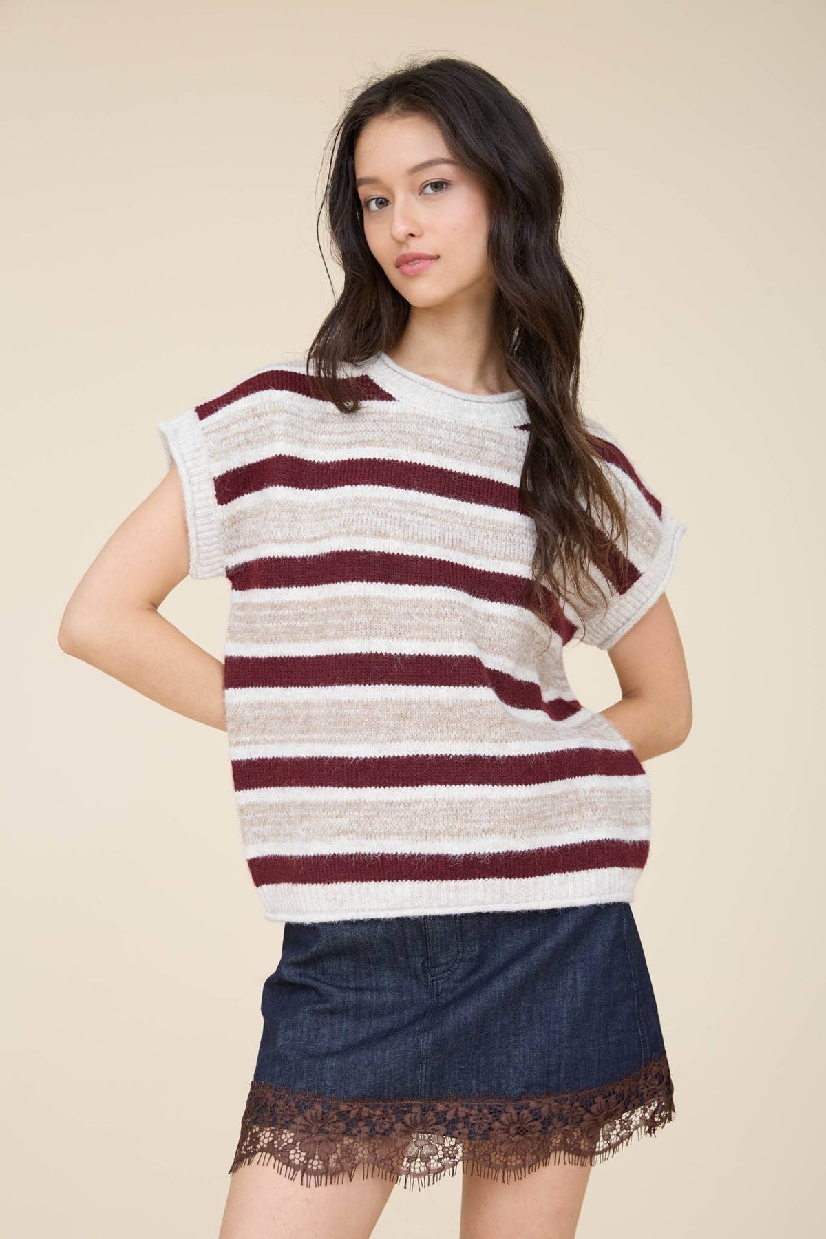 Blu Pepper - MARLED STRIPE SHORT SLEEVE RAW EDGE KNIT SWEATER