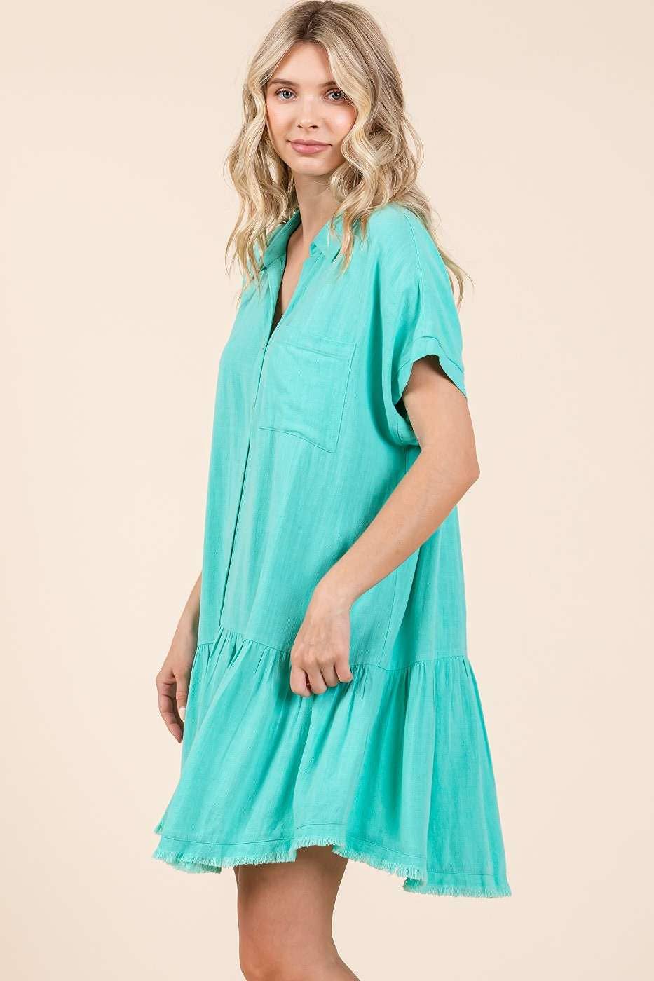 LINEN BLEND COLLARED BUTTON DOWN SHIRT MINI DRESS
