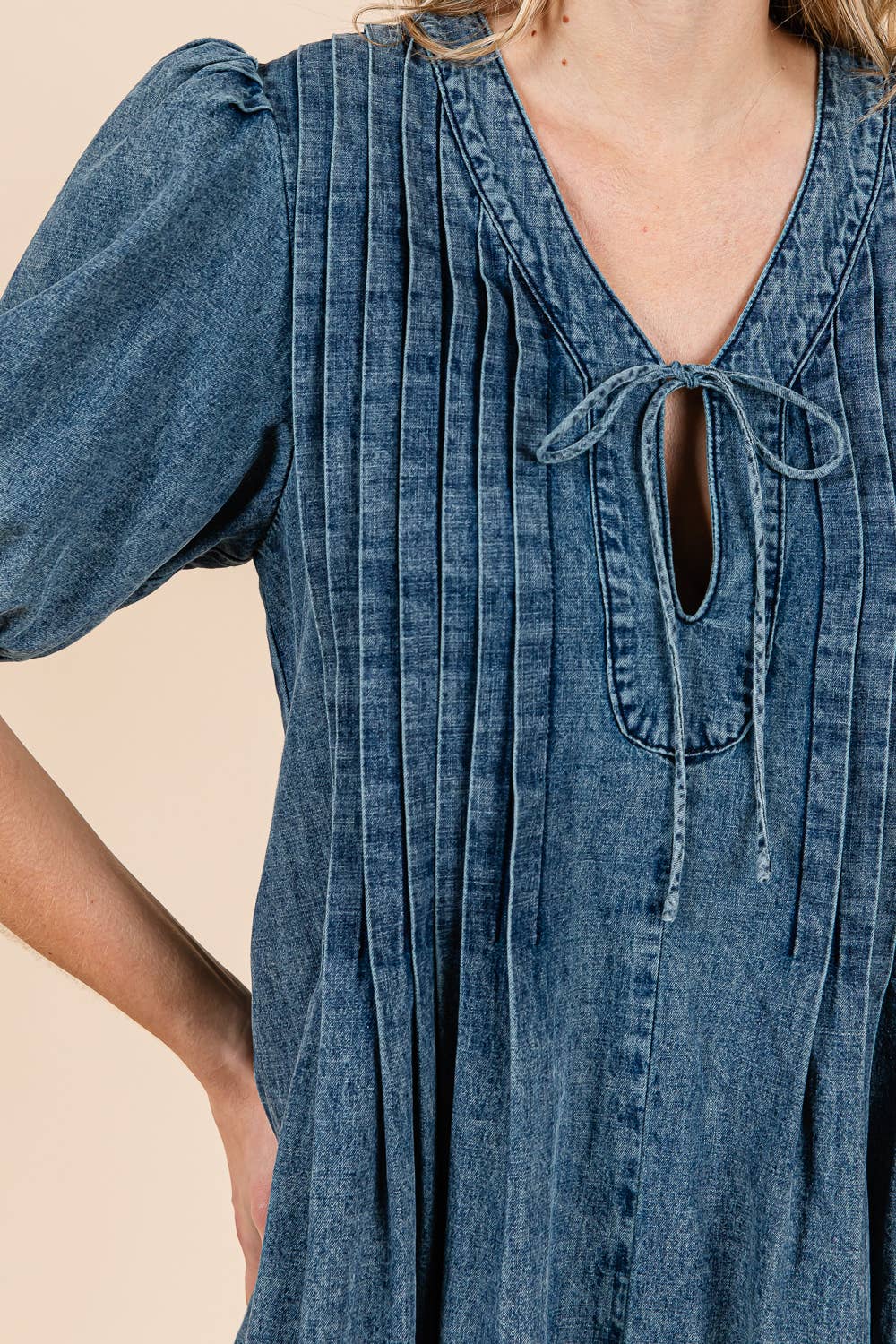 Loose-Fit Denim Pleated Mini Dress,
