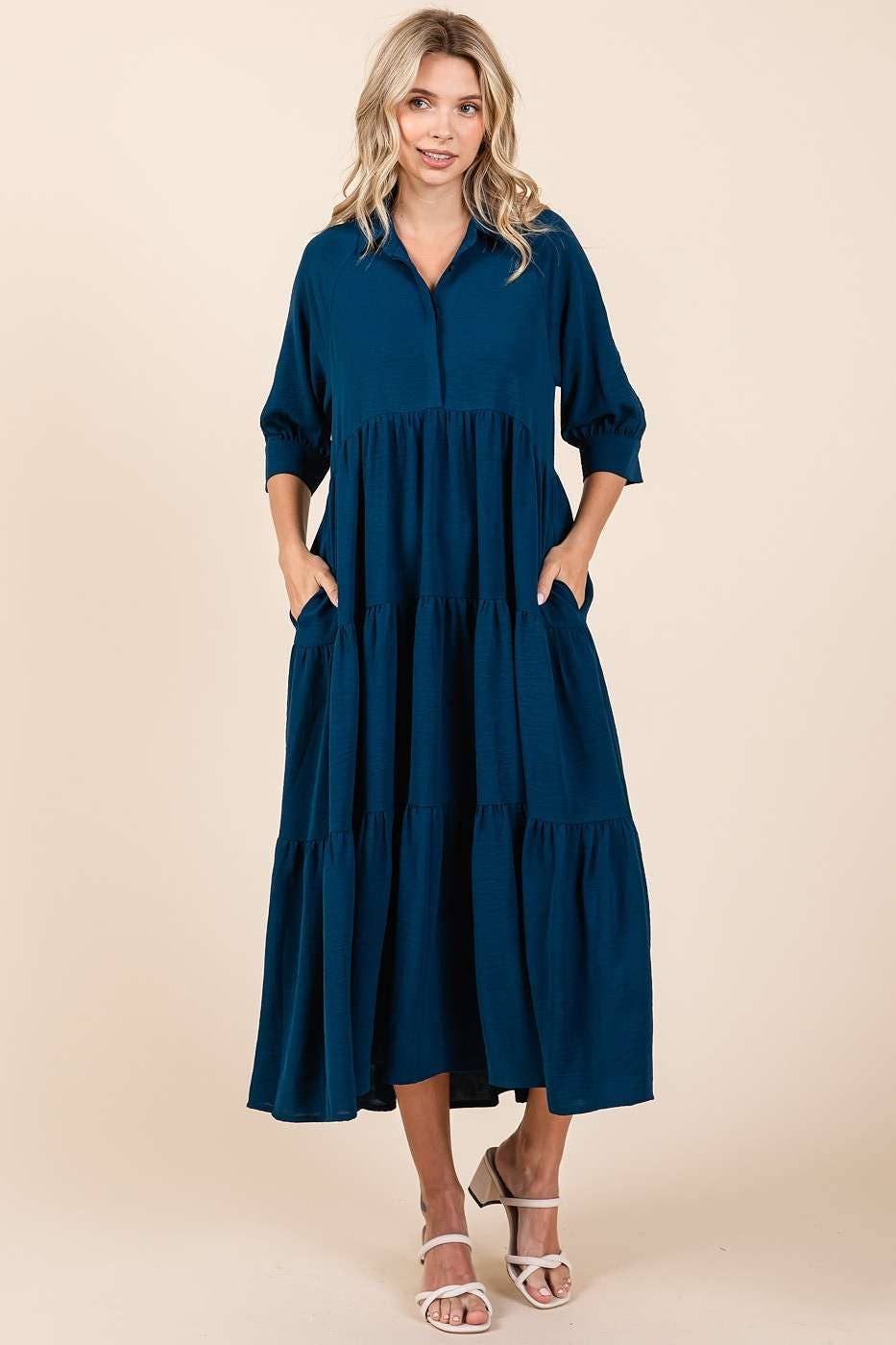 mittoshop - AIRFLOW COLLAR BUTTON FRONT TIERED MAXI DRESS