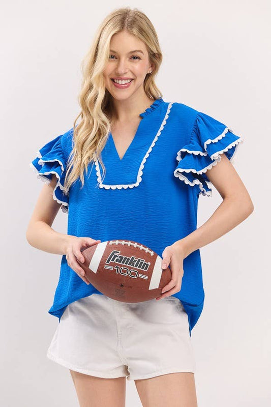 Game day Ruffle Sleeve Scallop Trim Top