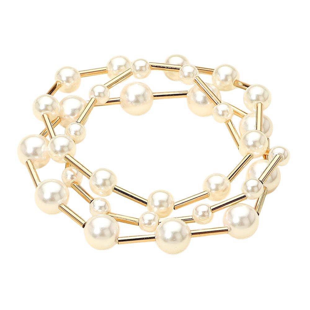 3PCS - Pearl Metal Bar Beaded Stretch Multi Layered Bracelets
