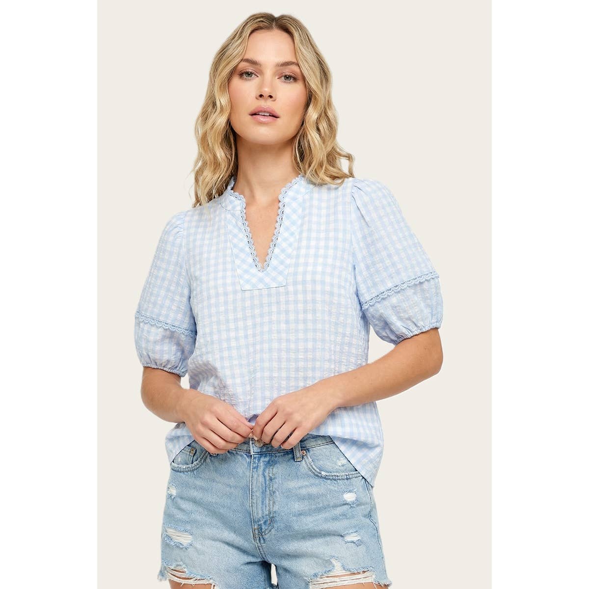 GINHAM PUFF SLEEVE TOP