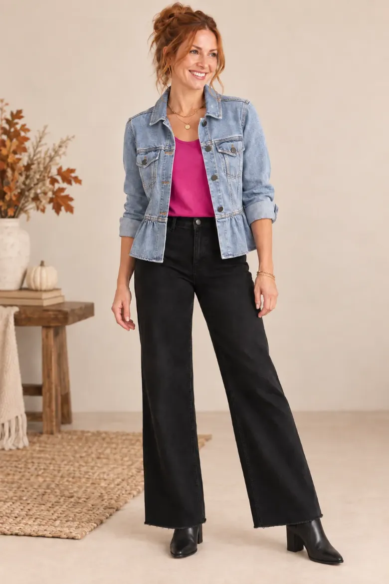 PEPLUM HEM BUTTON FRONT DENIM JACKET