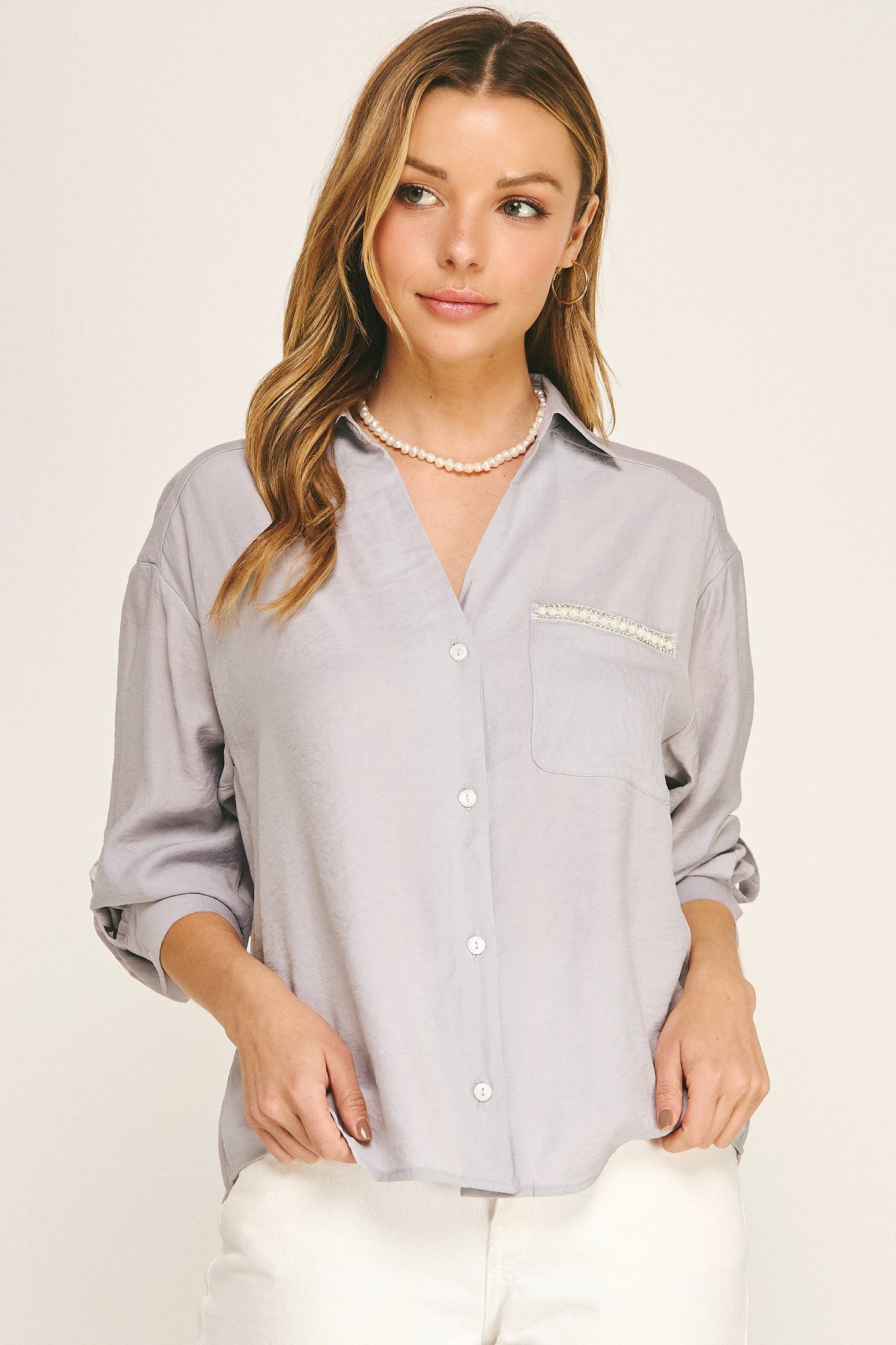 PEARL POCKET RELAXED BUTTON DOWN BLOUSE