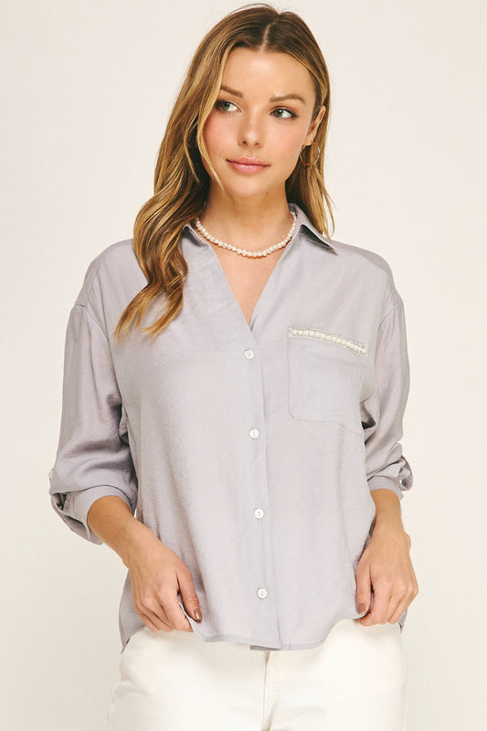 PEARL POCKET RELAXED BUTTON DOWN BLOUSE