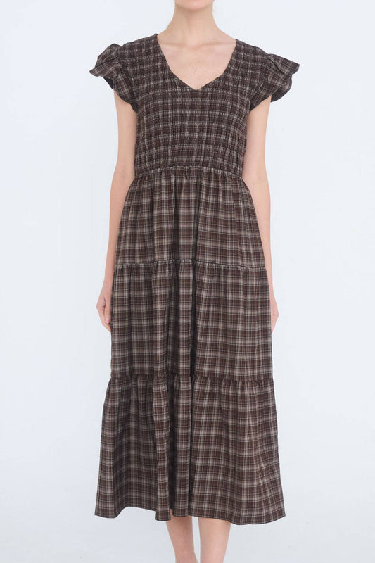 PLAID V NECK SMOCKED TIERED MIDI DRESS
