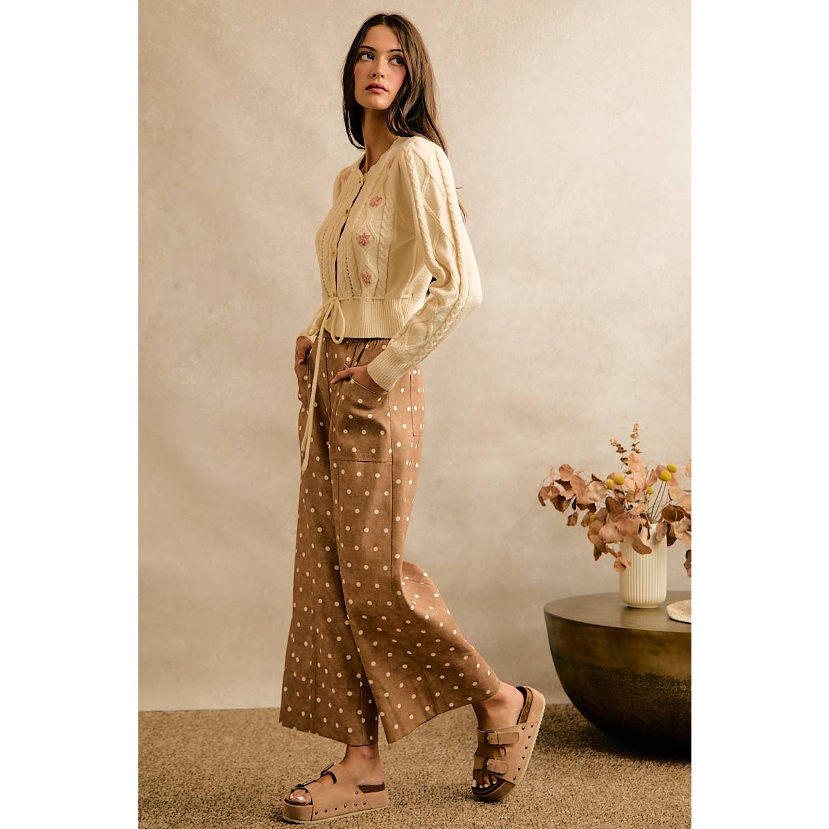 POLKA DOT ELASTICIZED WAIST WIDE PANTS