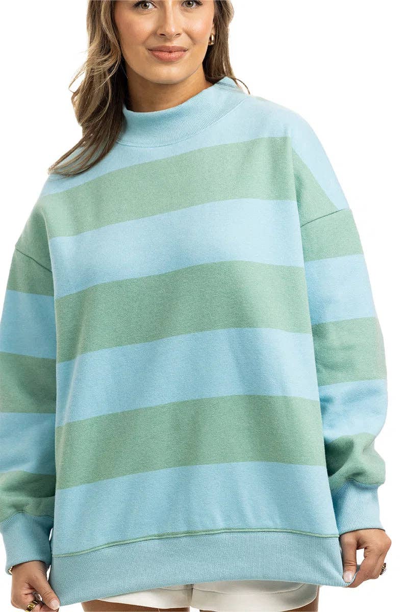 Katydid - Aqua and Green Striped Mockneck Sweatshirt Women