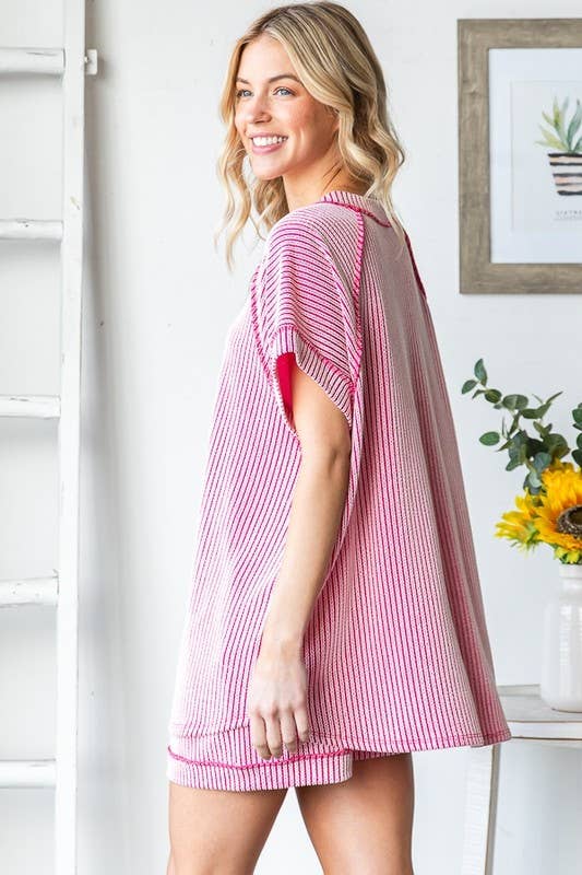 SHORT SLEEVE 2TONE SOLID URBAN RIB TOP
