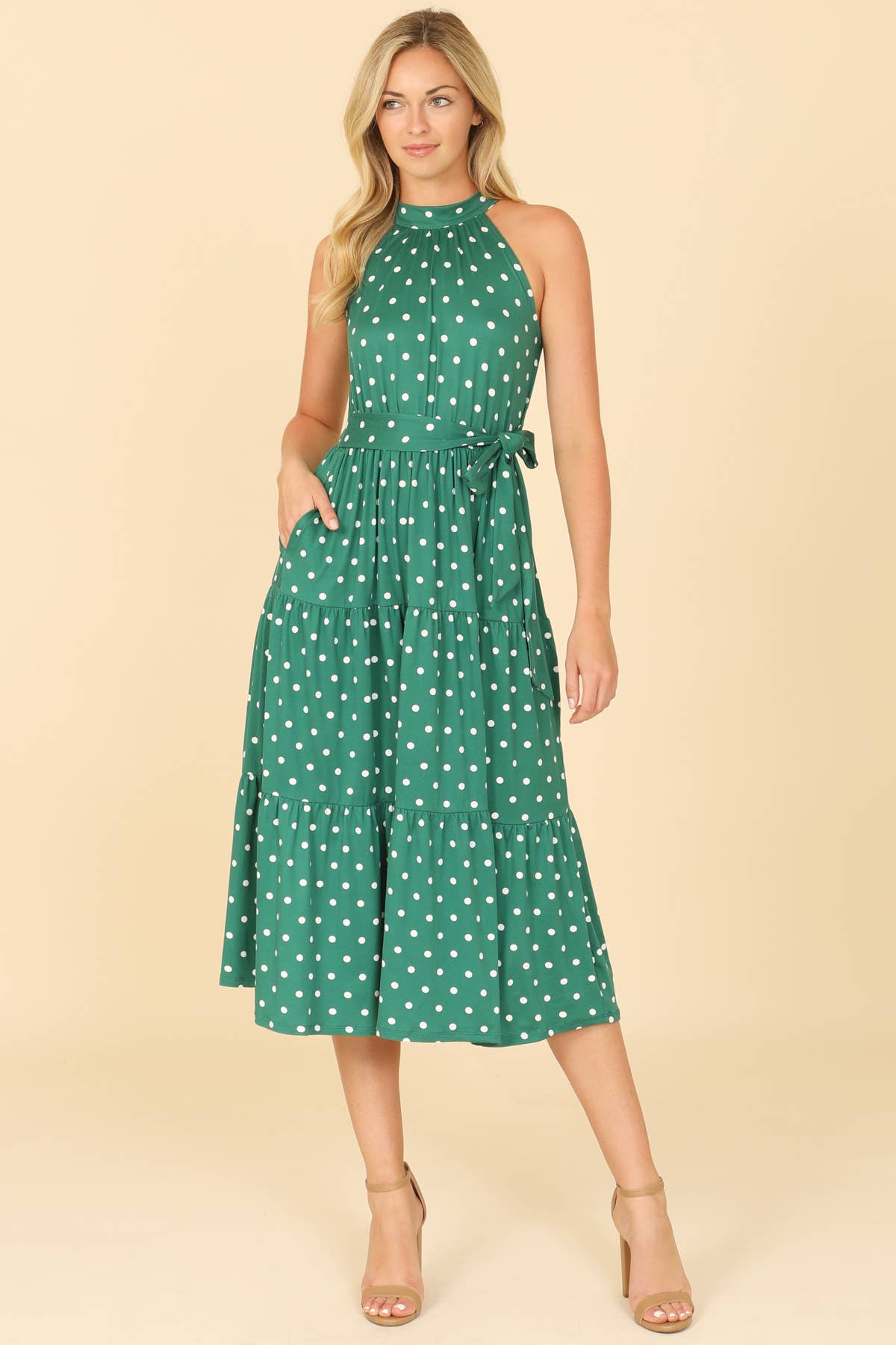 HIGH NECK HALTER WAIST TIE TIERED MIDI 👗