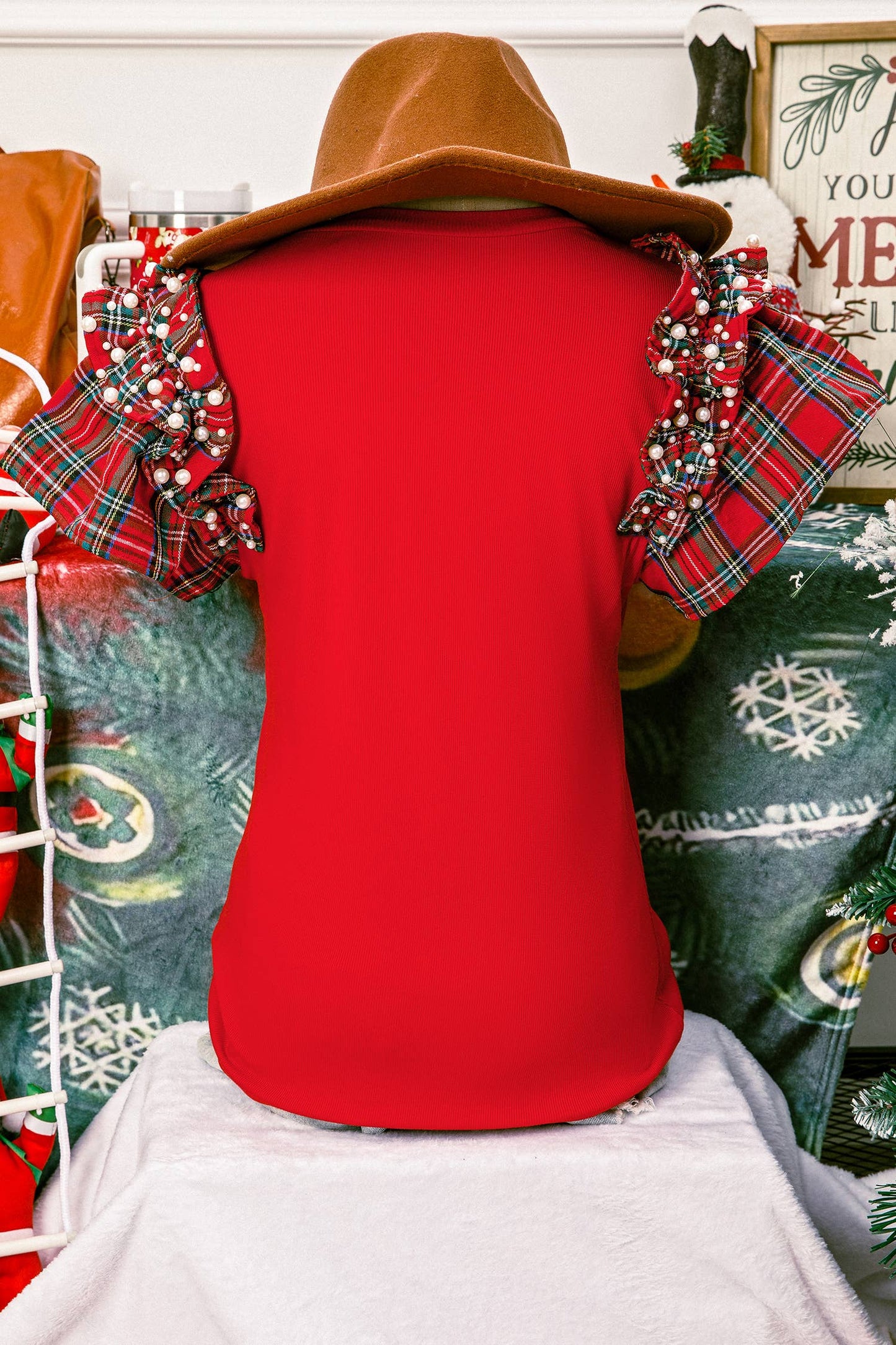 Christmas Plaid Pearl Ruffle Short Sleeve Loose T Shirt