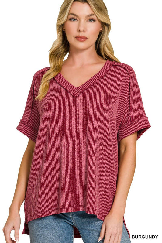 Maroon ribbed v neck top