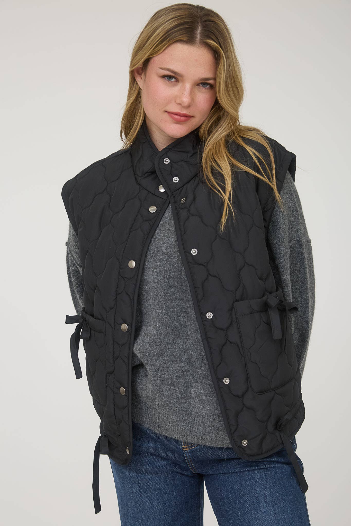 TIE DETAIL SNAP BUTTON DOWN QUILTED PUFFER VEST