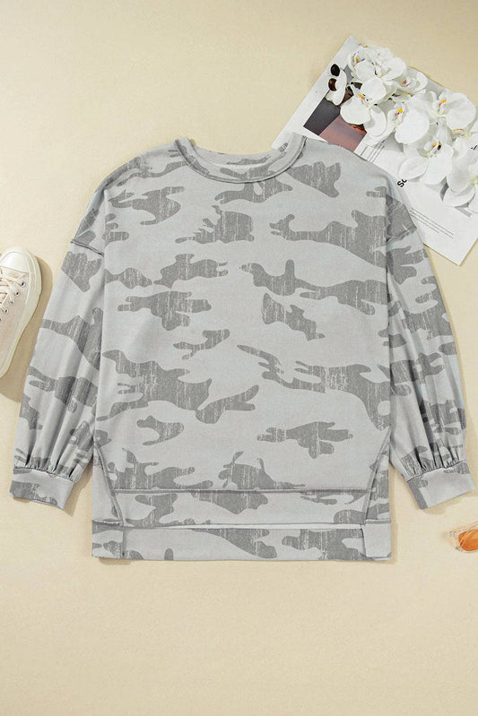 LALA LOO - Plus Size Camouflage Round Neck Sweatshirt