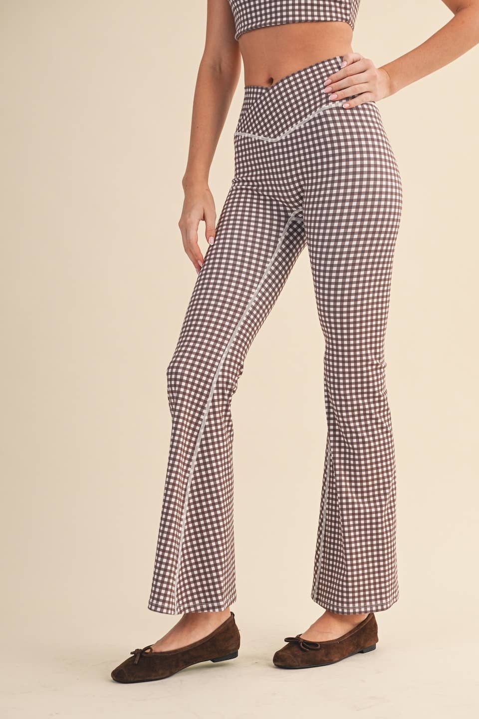 KIMBERLY C - Gingham Print High Waist Crossover Flare Legging