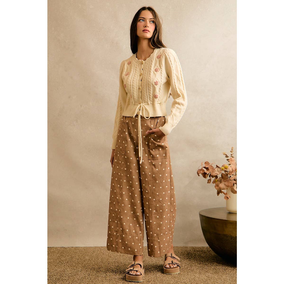 POLKA DOT ELASTICIZED WAIST WIDE PANTS
