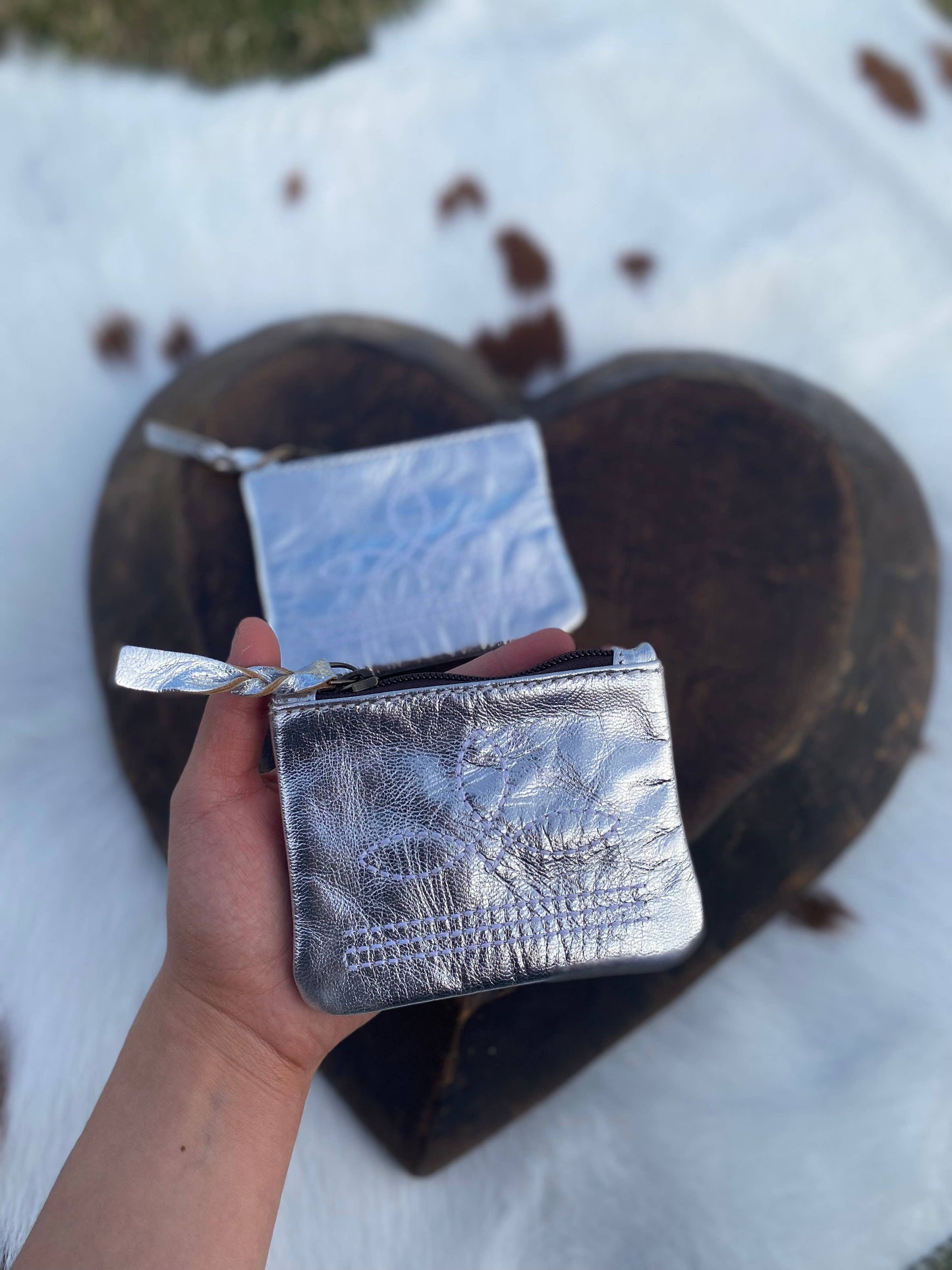 Silver Foil Leather BootStitch Coin Pouch   